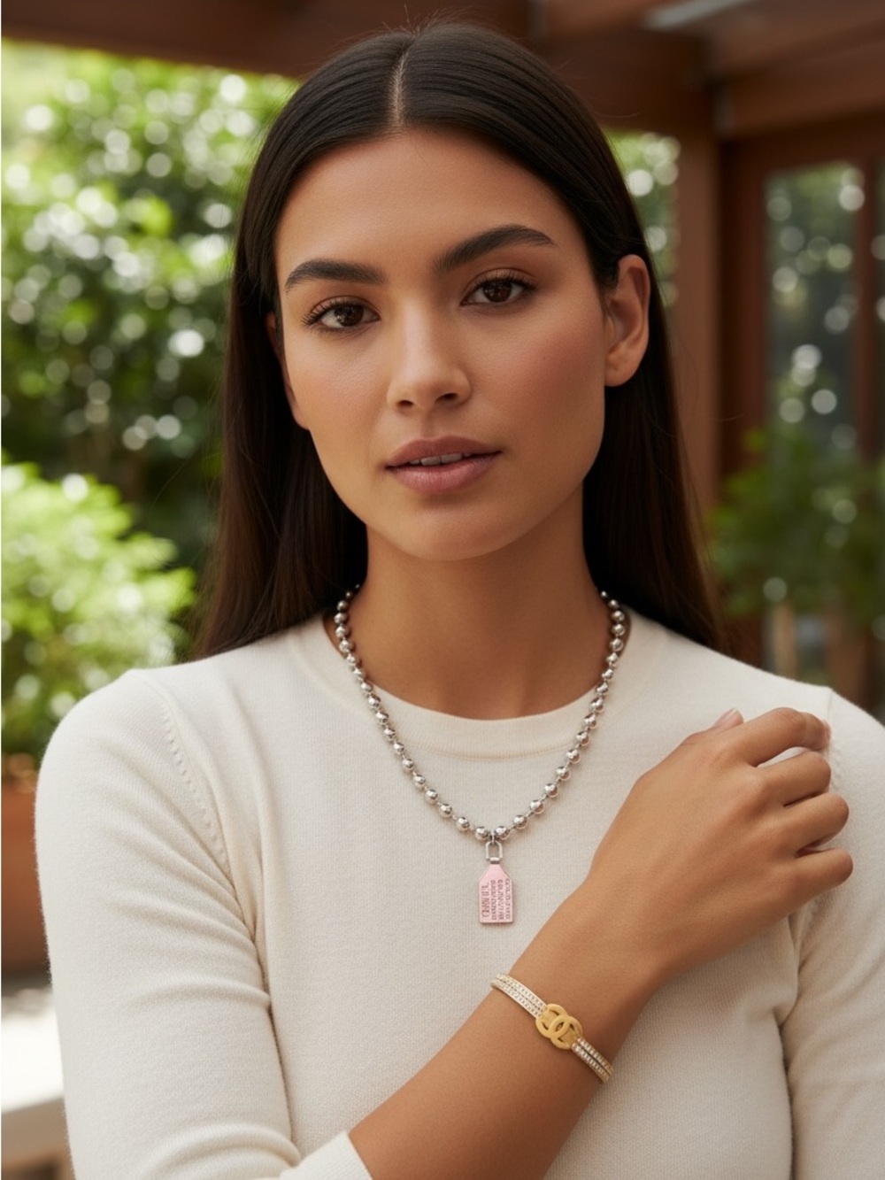 Silver-Tone Ball Chain Necklace with Tag Pendant